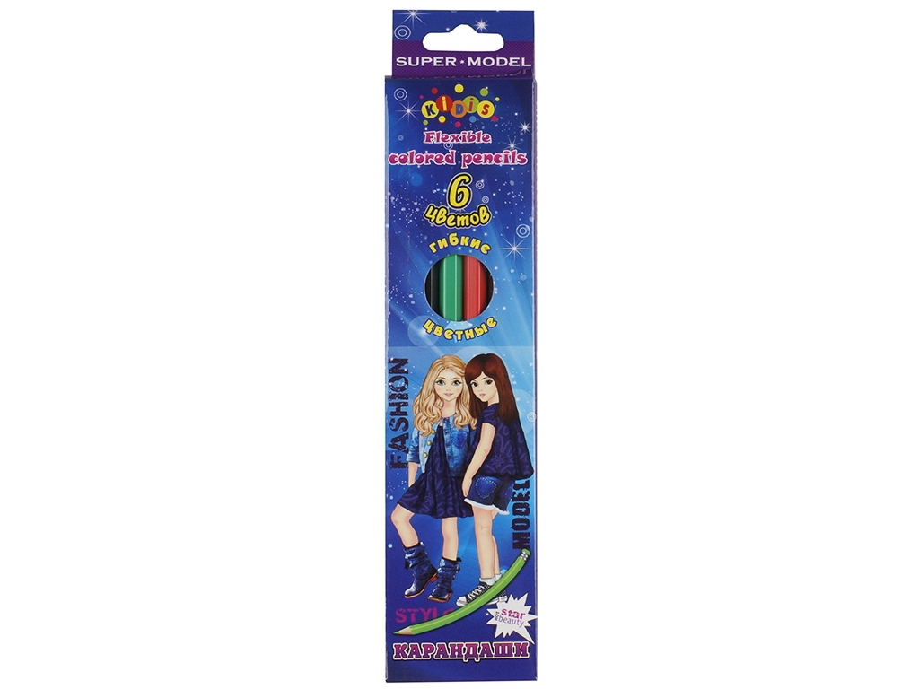 Карандаши пластиковые цветные 6 цветов Super model, KIDIS 13324