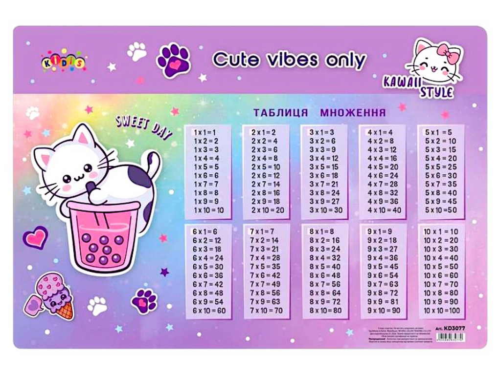 Подкладка настольная Kidis Котик, 42,5×29 см, таблица умножения