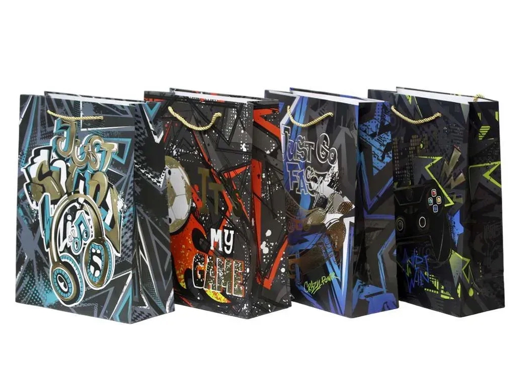 Пакет подарунковий картонний Boys Q3021S, 18×23×10 см, з фольгою, мікс видів (ціна за 1шт)