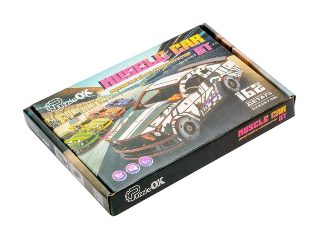 Деревянный 3D конструктор Muscle Car GT, 24х9х7 см, модель авто,162 детали, PuzzleOk
