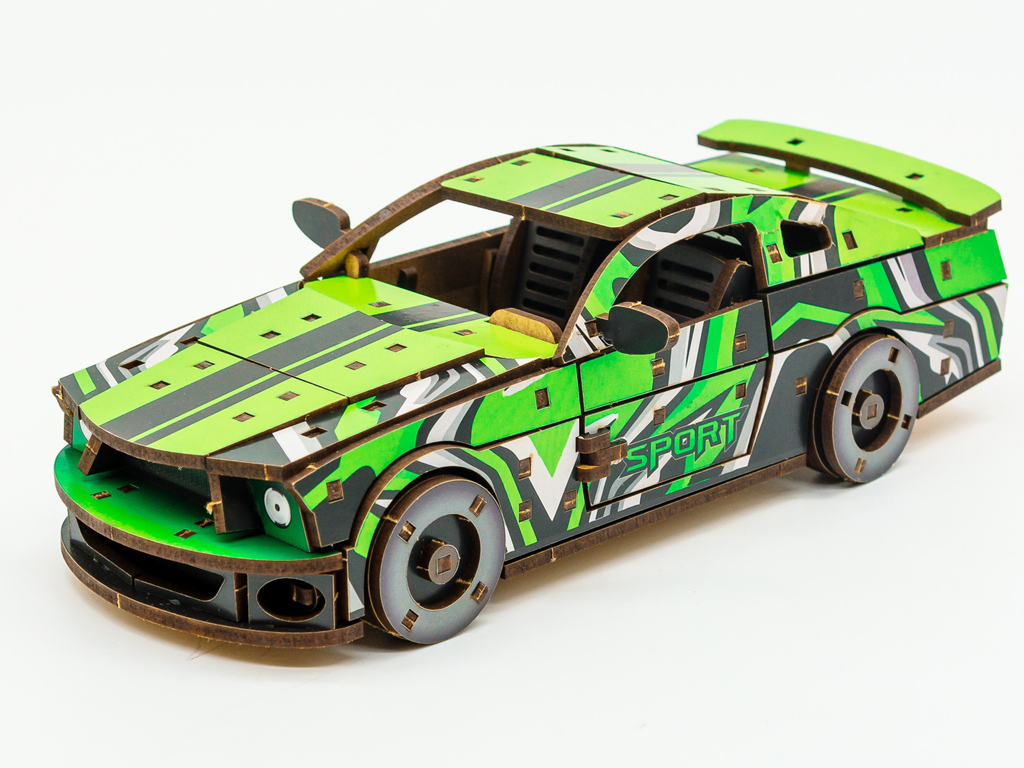 Дерев'яний 3D конструктор зелений Muscle Car, 162 деталі, PuzzleOk Puz-00946