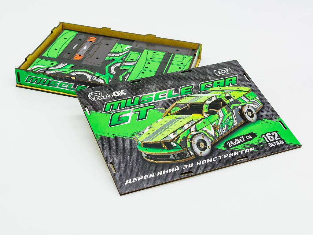 Дерев'яний 3D конструктор зелений Muscle Car, 162 деталі, PuzzleOk Puz-00946