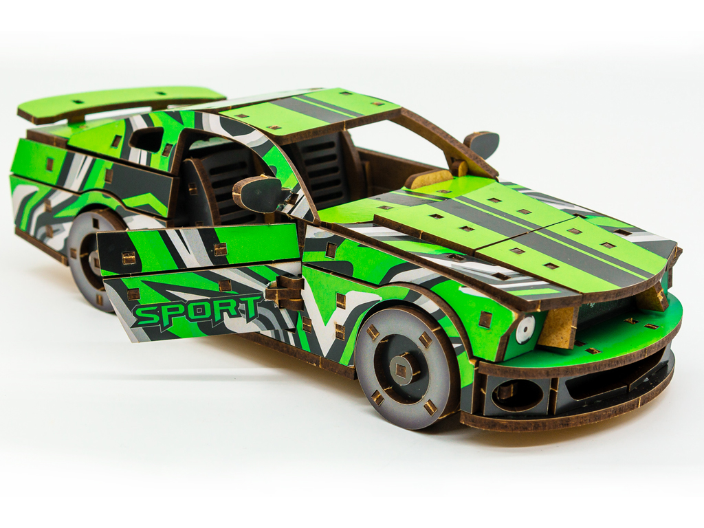 Дерев'яний 3D конструктор зелений Muscle Car, 162 деталі, PuzzleOk Puz-00946