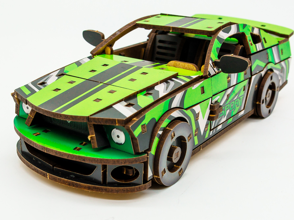 Дерев'яний 3D конструктор зелений Muscle Car, 162 деталі, PuzzleOk Puz-00946