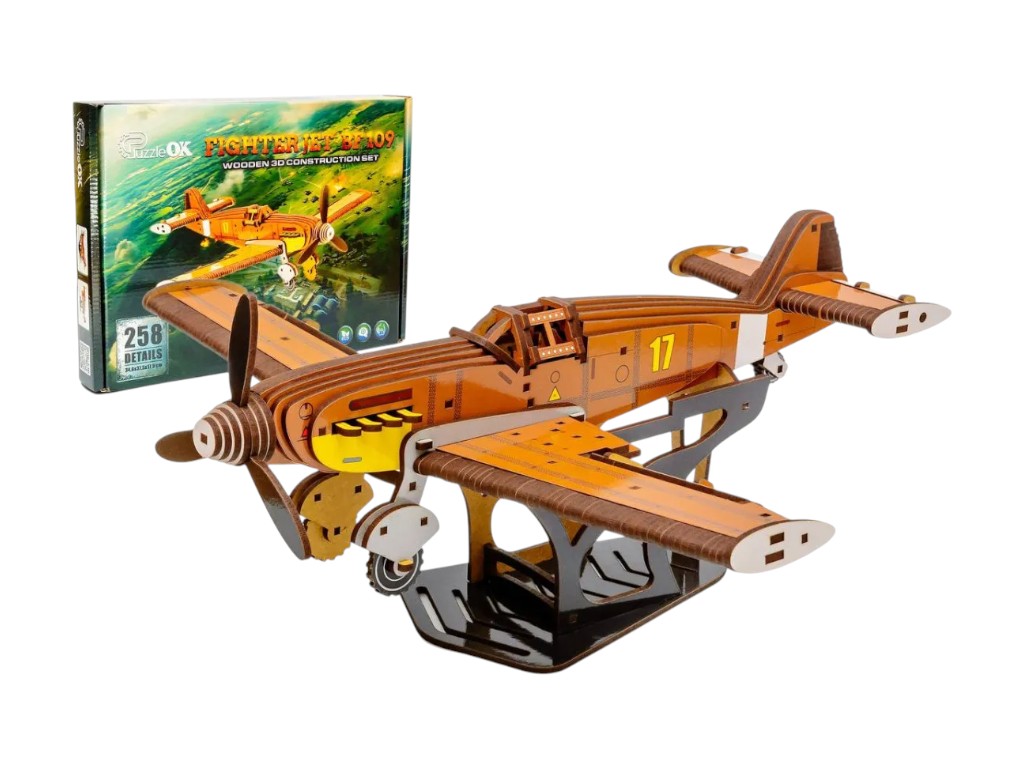 Деревянный 3D конструктор модель самолета Bf 109, 34,6 см, с подставкой, PuzzleOk