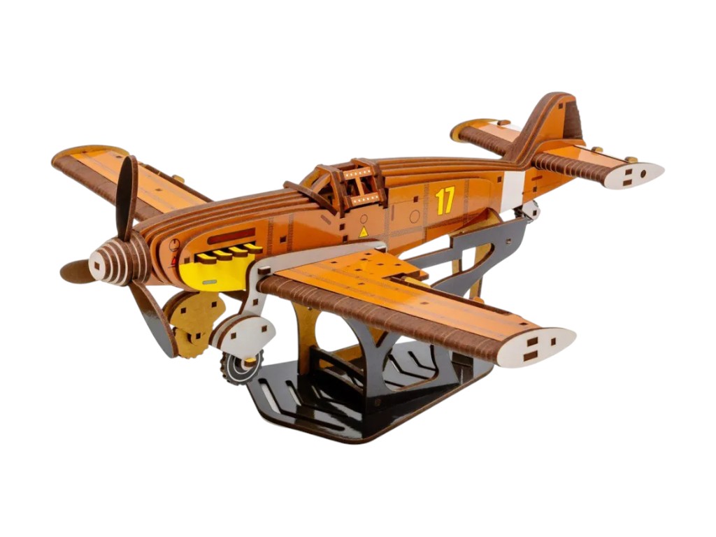 Деревянный 3D конструктор модель самолета Bf 109, 34,6 см, с подставкой, PuzzleOk