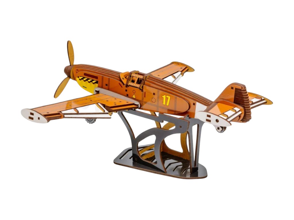 Деревянный 3D конструктор модель самолета Bf 109, 34,6 см, с подставкой, PuzzleOk