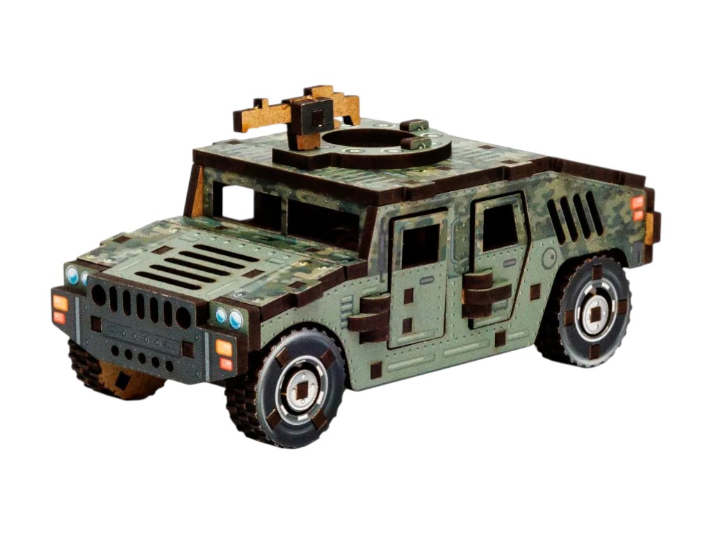 Дерев’яний 3D конструктор броньований позашляховик TURBO HUMVEE, 12 см, обертові колеса, PuzzleOk