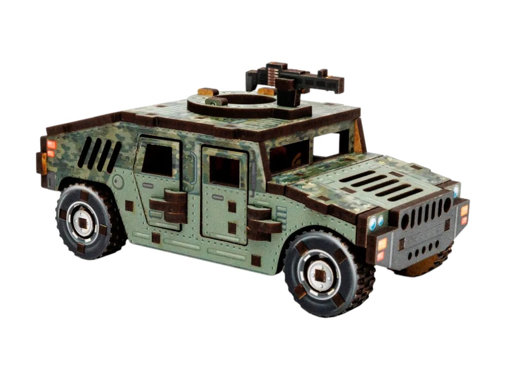 Дерев’яний 3D конструктор броньований позашляховик TURBO HUMVEE, 12 см, обертові колеса, PuzzleOk