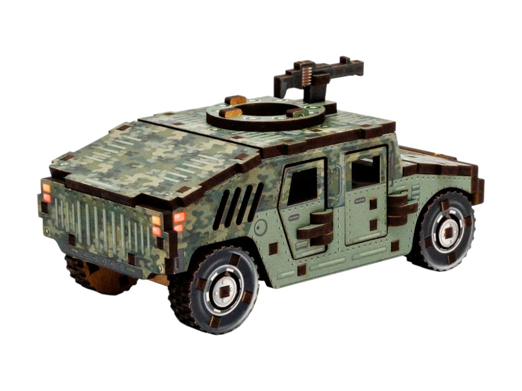 Дерев’яний 3D конструктор броньований позашляховик TURBO HUMVEE, 12 см, обертові колеса, PuzzleOk