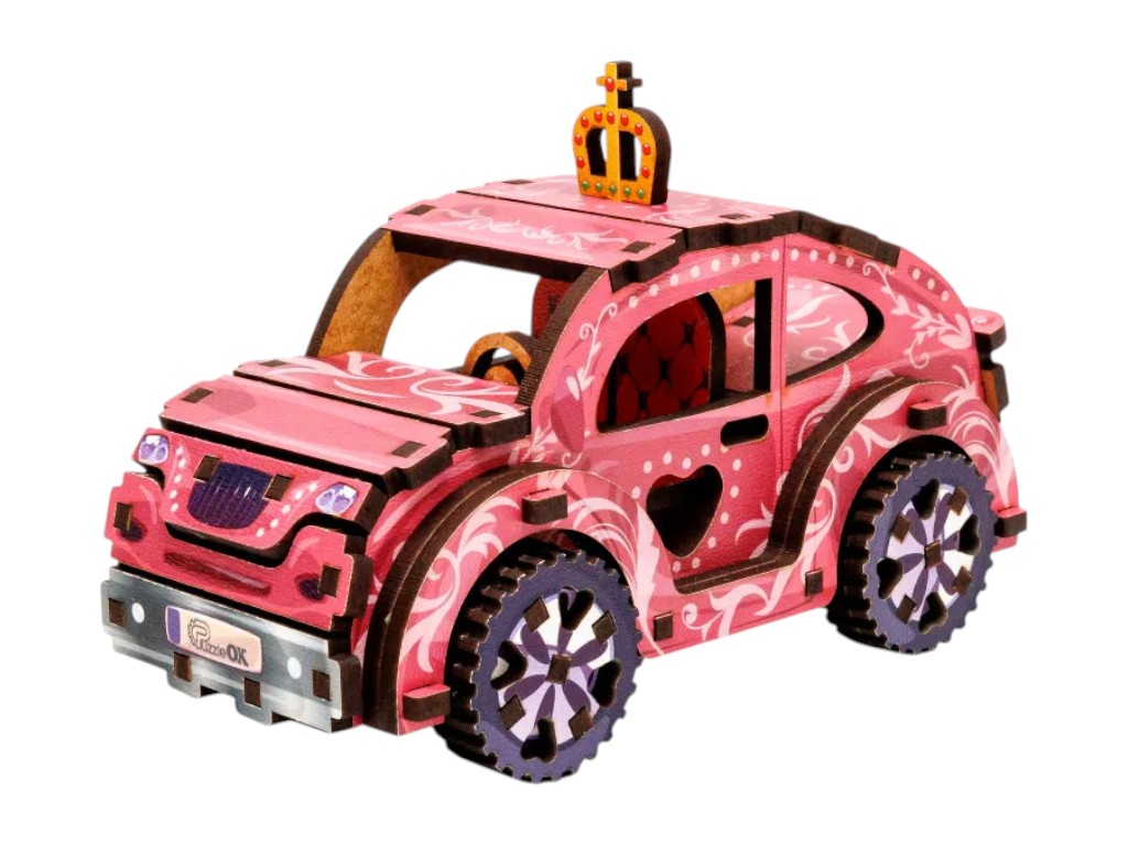 Дерев’яний 3D конструктор ігровий автомобіль TURBO PRINCESS, 12 см, обертові колеса, PuzzleOk