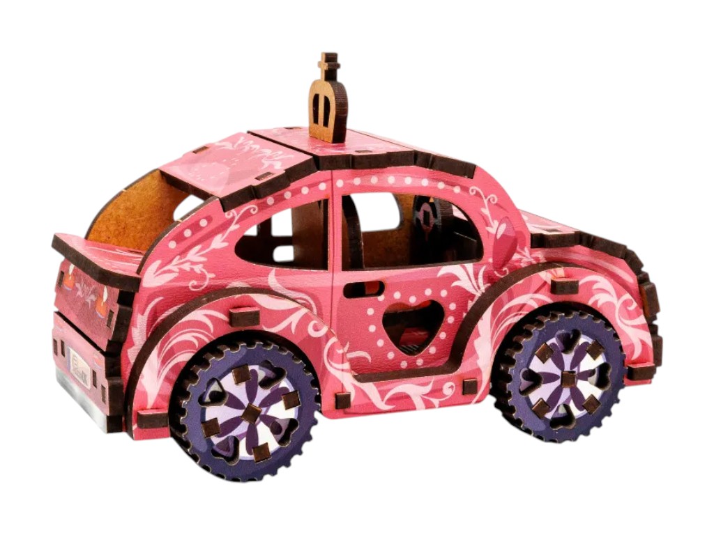 Дерев’яний 3D конструктор ігровий автомобіль TURBO PRINCESS, 12 см, обертові колеса, PuzzleOk