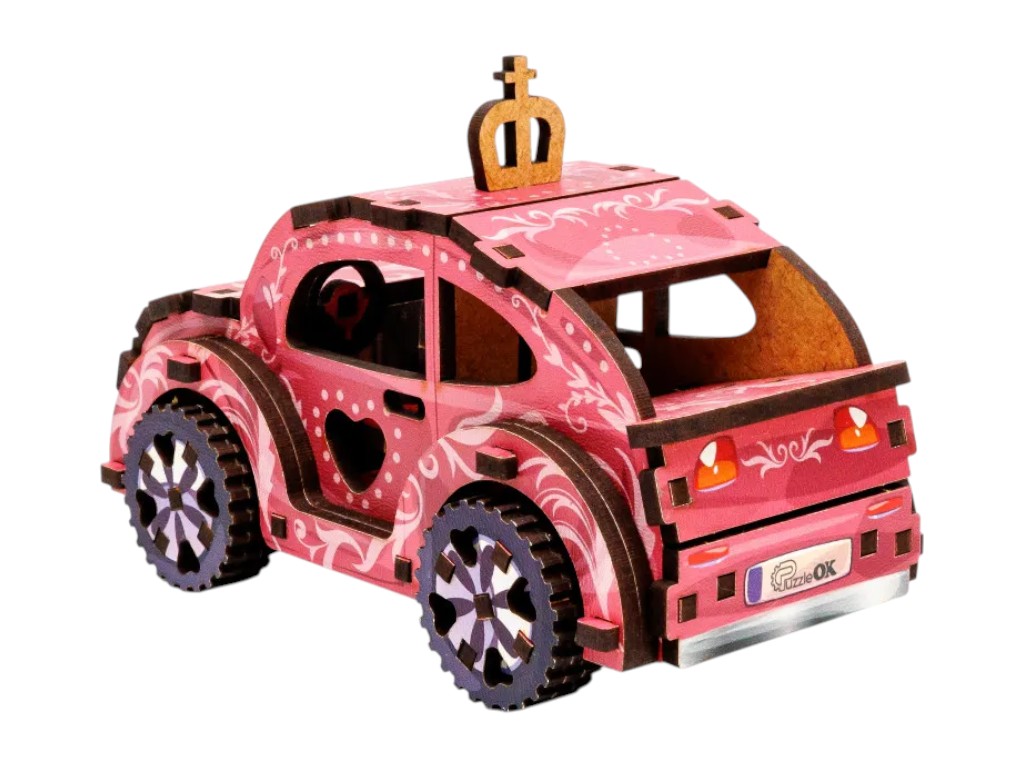 Дерев’яний 3D конструктор ігровий автомобіль TURBO PRINCESS, 12 см, обертові колеса, PuzzleOk