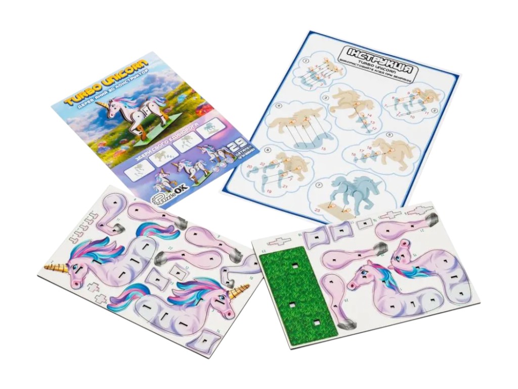 Деревянный 3D конструктор TURBO Unicorn, 137x128x50 мм, 29 деталей, PuzzleOk