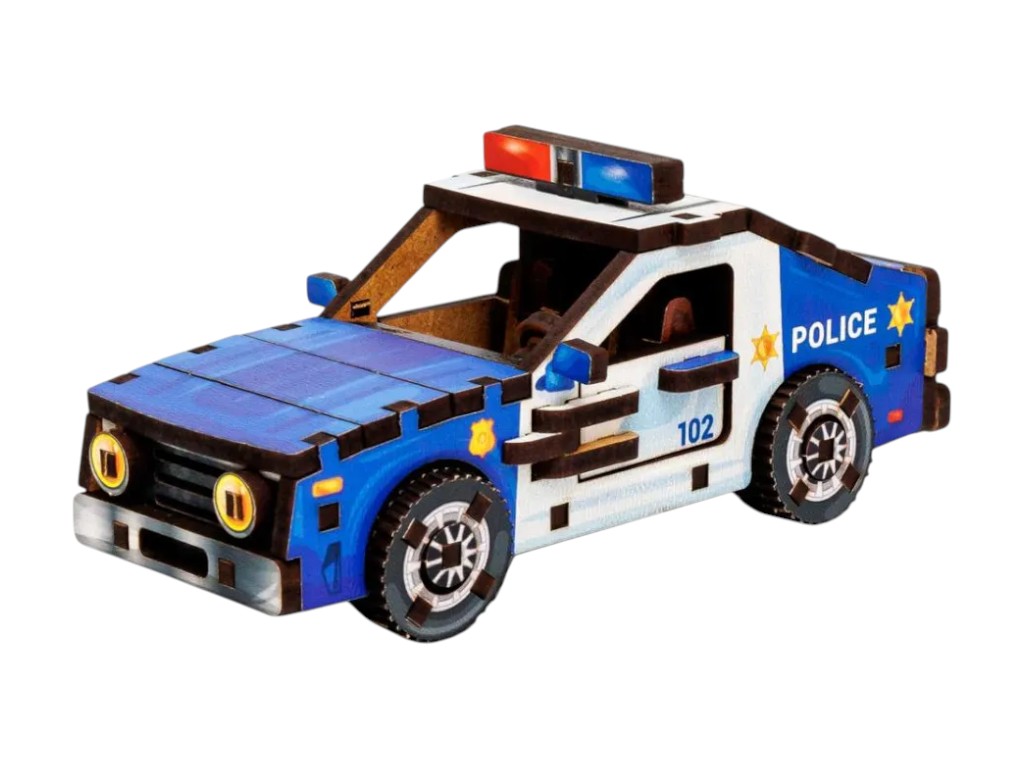 Деревянный 3D конструктор полицейский автомобиль TURBO POLICE, 12,5 см, вращающиеся колеса, PuzzleOk