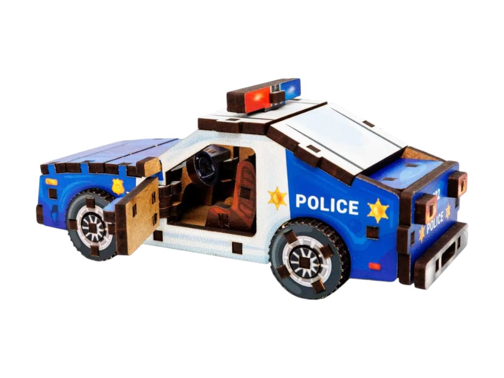 Деревянный 3D конструктор полицейский автомобиль TURBO POLICE, 12,5 см, вращающиеся колеса, PuzzleOk