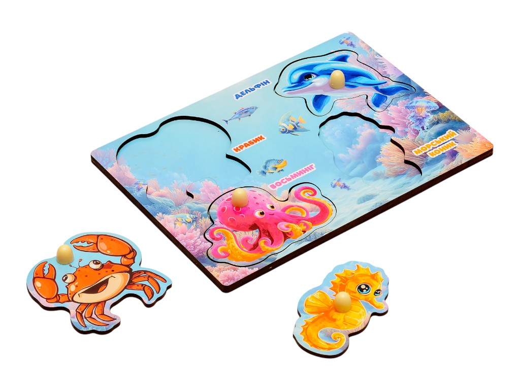 Сортер деревянный рамка-вкладыш морские жители, 19 см, 4 элемента, PuzzleOK