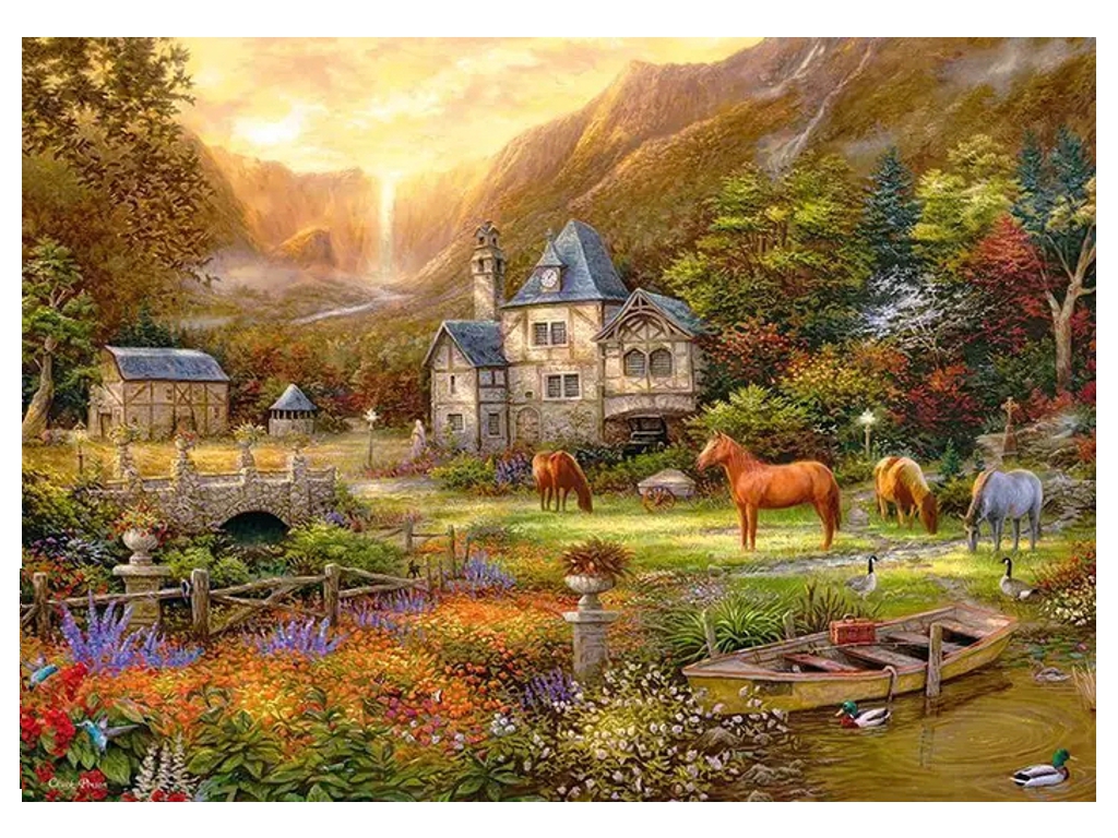 пейзаж с лошадьми. самые красивые пазлы в мире. Chuck pinson пазлы. английский художник steve crisp картина деревня. картины с множеством деталей.