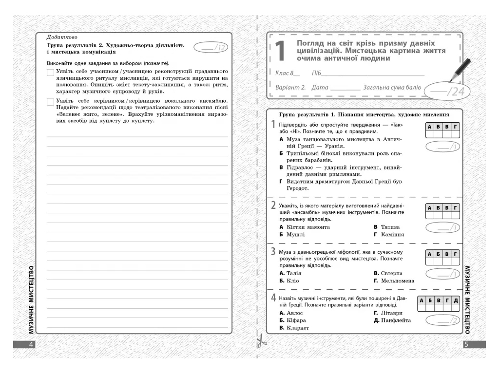 НУШ 8 класс, Искусство, Текущая и итоговая оценка по группам результатов + диагностическая работа