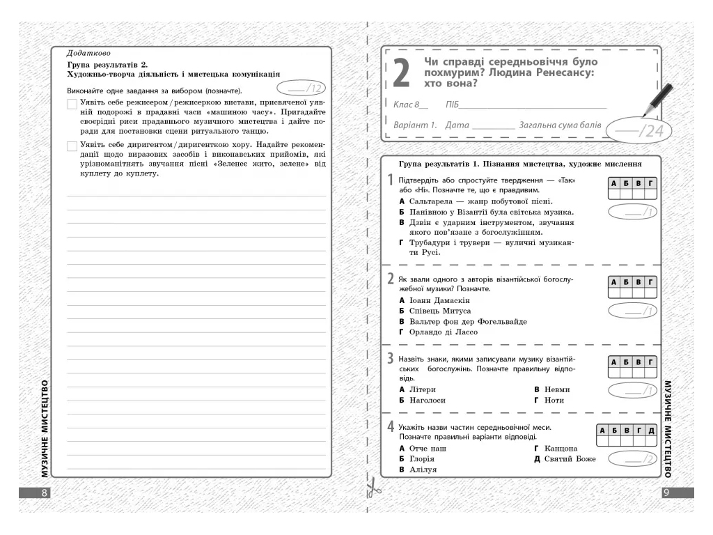 НУШ 8 класс, Искусство, Текущая и итоговая оценка по группам результатов + диагностическая работа
