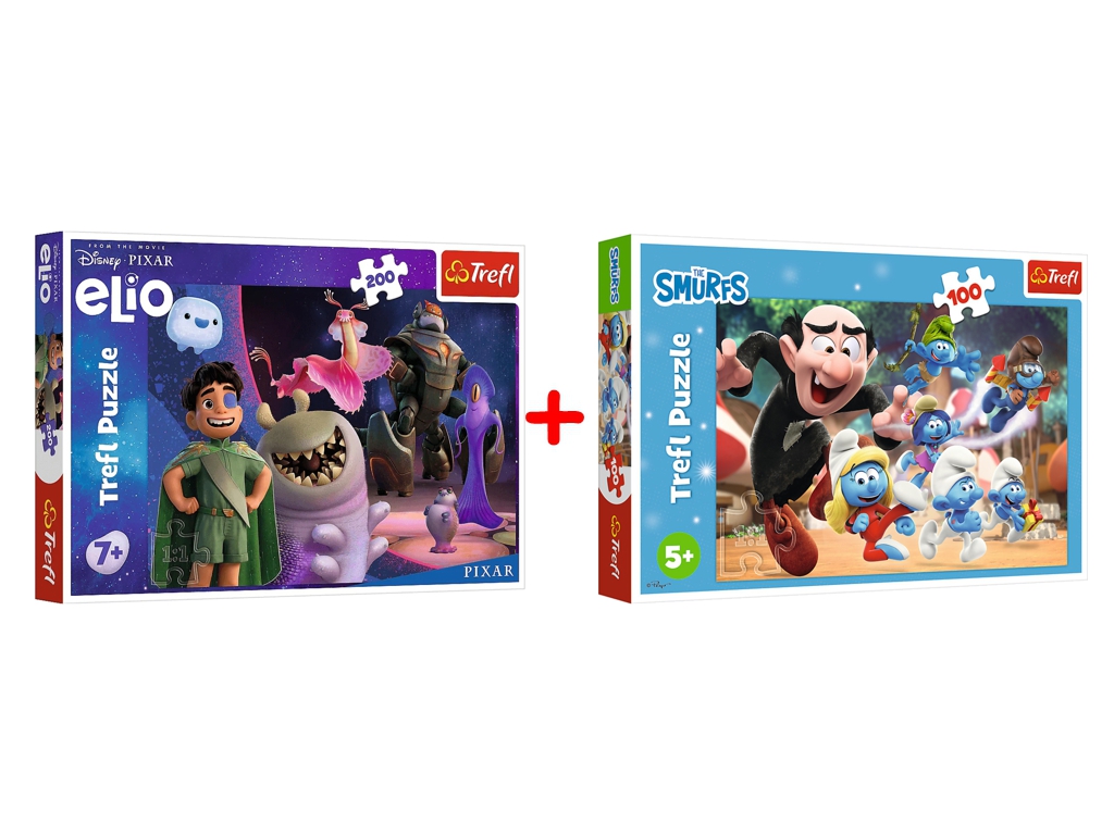 Набор пазлов "200" Disney Stitch The Movie Элио в дальней галактике и "100" The Smurfs Уроки папы