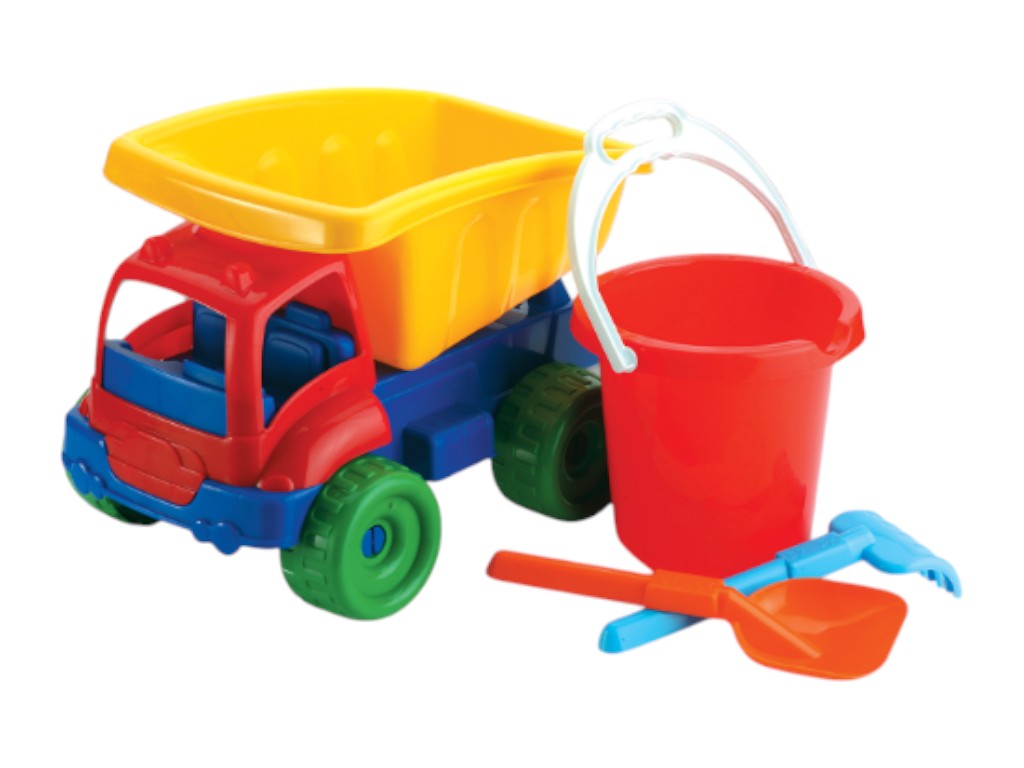 Пляжный набор с машинкой, лопаткой, граблями и ведерком 01265, Dede