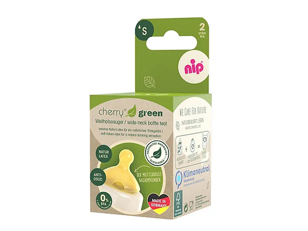Соска круглая Cherry Green S, латекс, от 0+, S, медленный поток, 2шт, Nip
