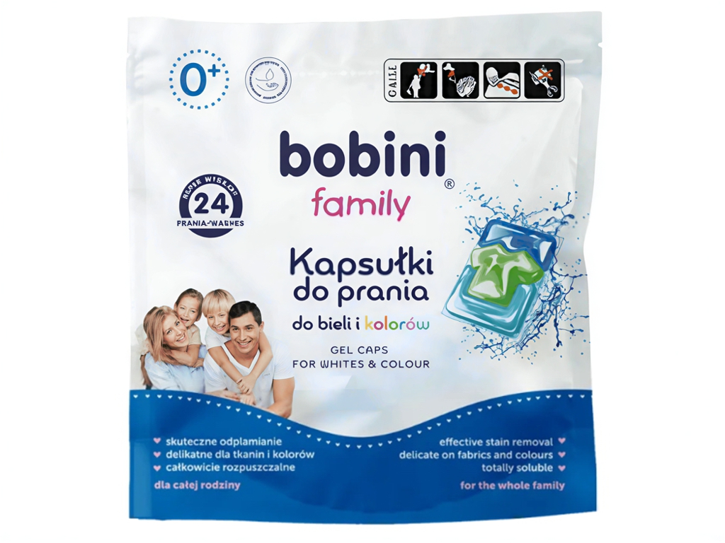 Капсули для прання білих і кольорових речей гіпоалергенні 24 шт, Bobini Family 33489