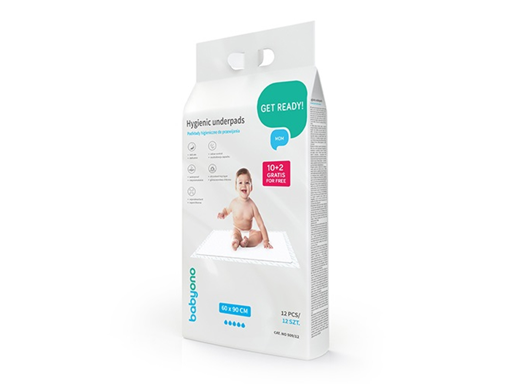 Гігієнічні пелюшки 60x90 см, 10 штук + 2 безкоштовно, Babyono 509/12
