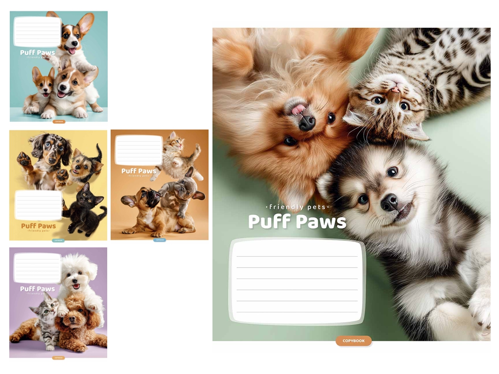 Тетрадь ученическая "Puff Paws", 12 листов, в линию, ВД-лак, 5 видов (цена за 1шт), Школярик