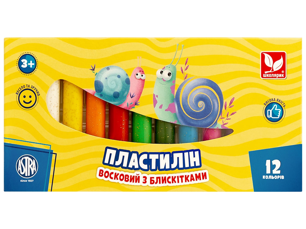Пластилін восковий з блискітками 12 кольорів, Школярик 303107001-UA