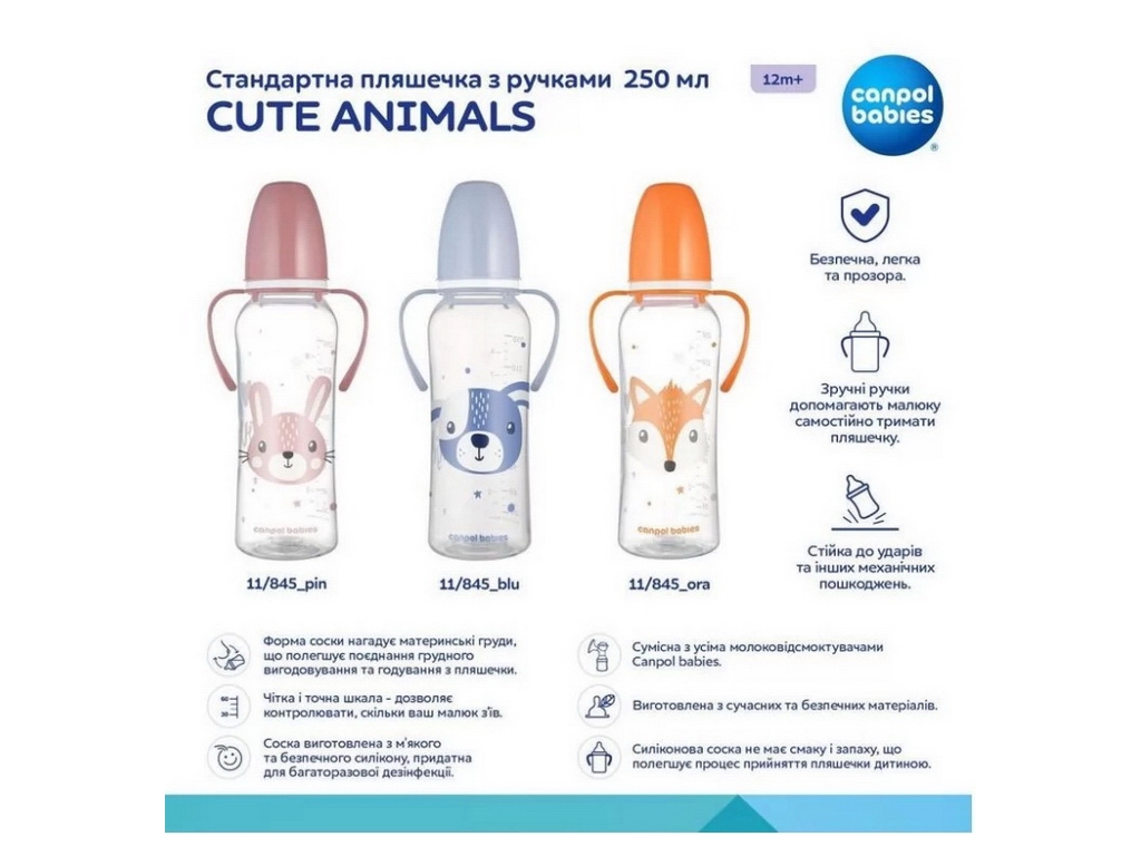 Стандартная бутылочка с ручками 250 мл CUTE ANIMALS – синяя. Canpol Babies 11/845_blu