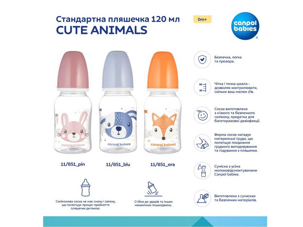 Стандартная бутылочка 120 мл CUTE ANIMALS – синяя. Canpol Babies 11/851_blu