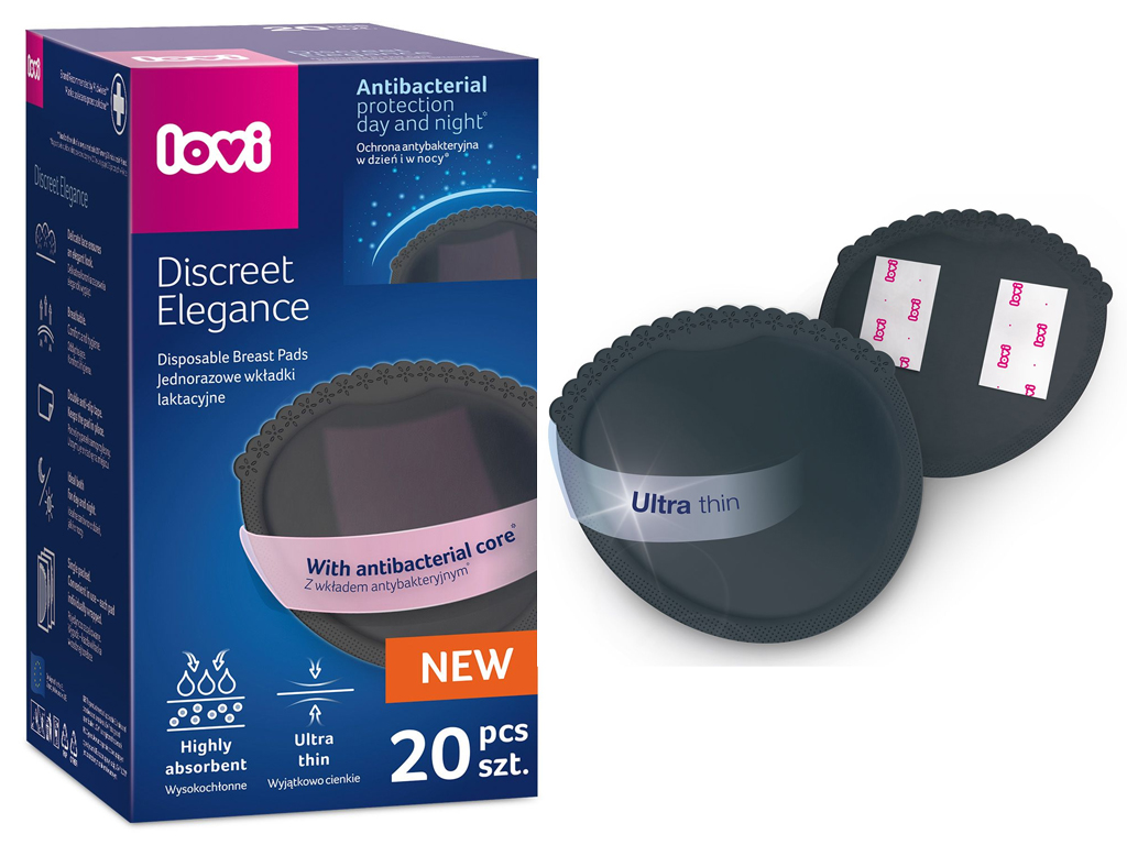 Лактационные антибактериальные прокладки Discreet Elegance черные 20 шт, LOVI