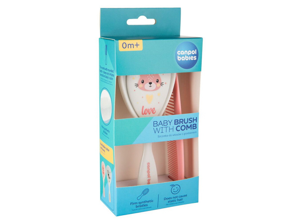 Щетка для волос твердая с расческой CUTE ANIMALS - розовая, Canpol babies 2/419_pin