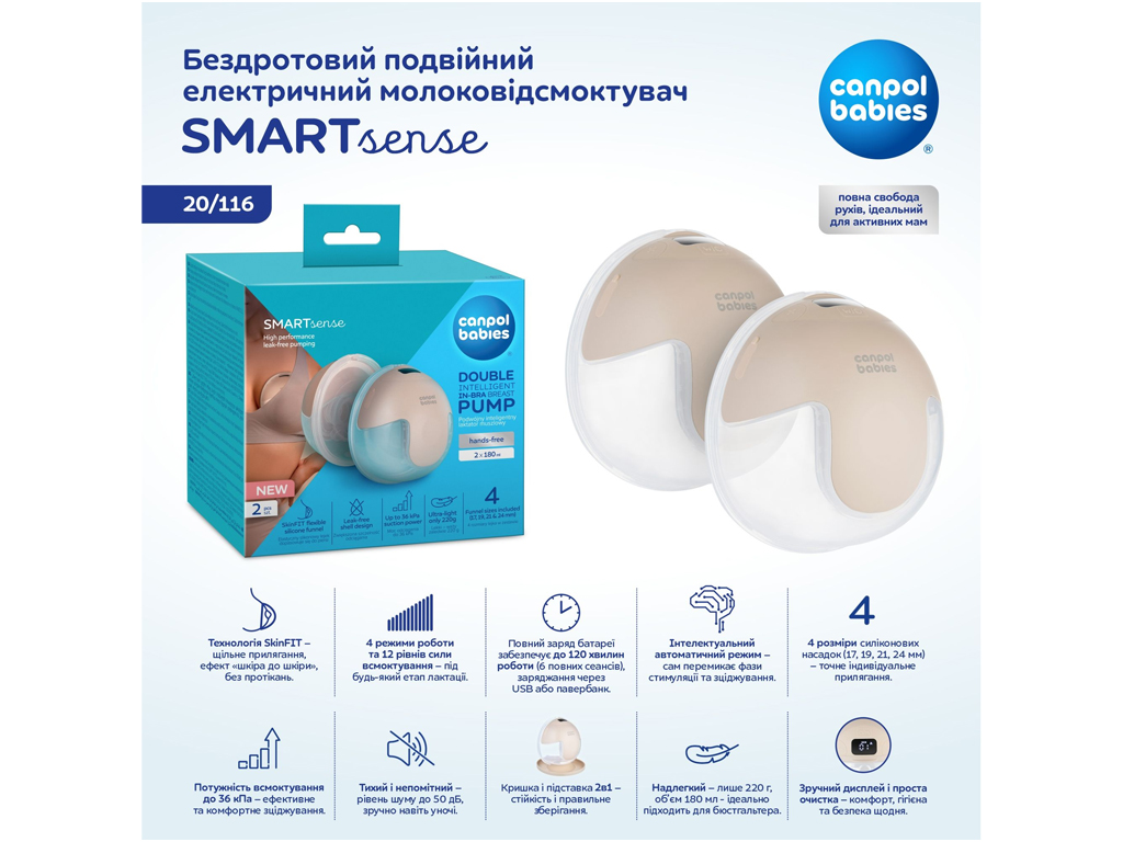 Беспроводной двойной электрический молокоотсос SmartSense, Canpol babies 20/116