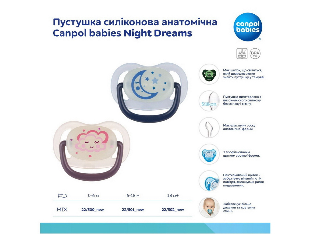Пустышка силиконовая анатомическая Night Dreams, 18+ месяцев, 22/502_new, Canpol Babies