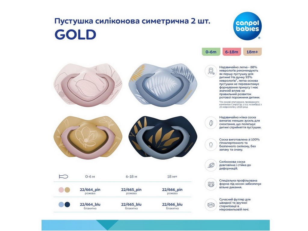 Пустышка силиконовая симметричная Gold, 2 шт, 6-18 мес, 22/665_BLU, Canpol Babies