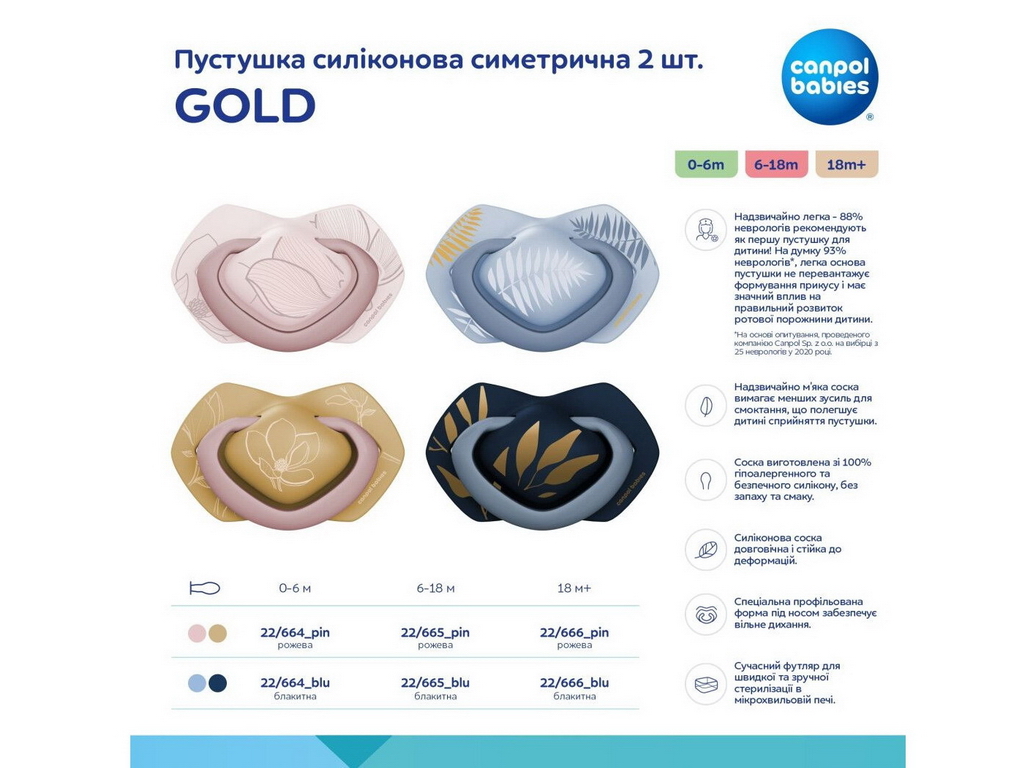 Пустышка силиконовая, Gold, 2 шт, 18 мес+, 22/666_BLU, Canpol Babies