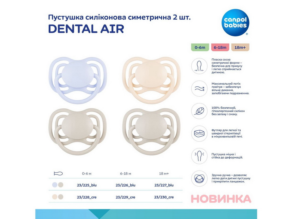 Пустышка силиконовая симметричная Dental Air 2 шт, 6-18 мес, 23/229_cre, Canpol Babies