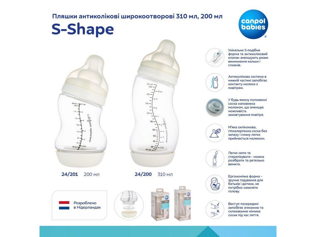 Бутылка антиколиковая широкообразующая S-Shape 200 мл. Canpol Babies 24/201