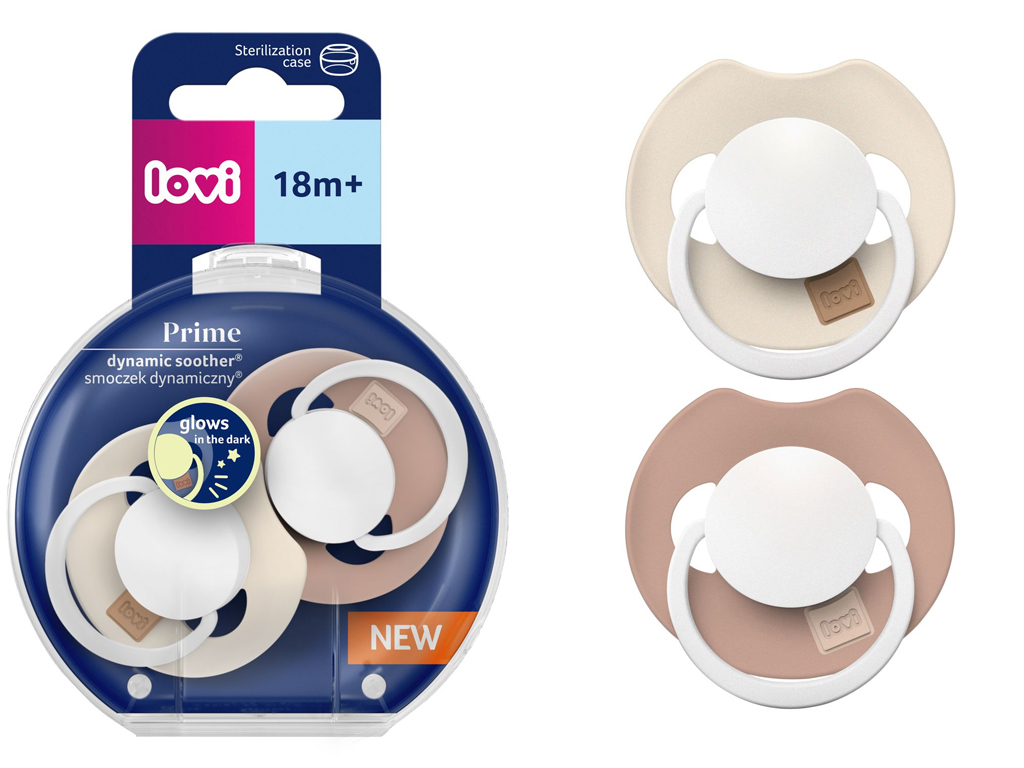 Пустышка силиконовая динамическая Prime 18+ мес 2 шт Ivory Glow/Blush Glow, LOVI 34/438