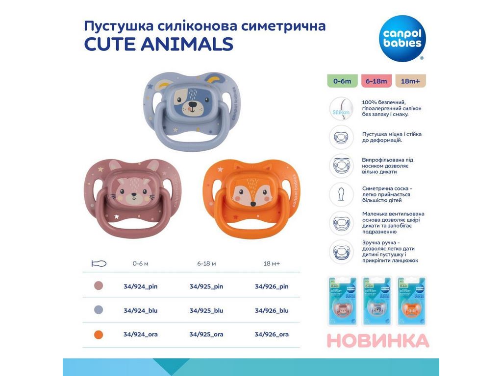 Пустышка силиконовая симметричная Cute Animals, 6-18 мес, 34/925_pin, Canpol Babies