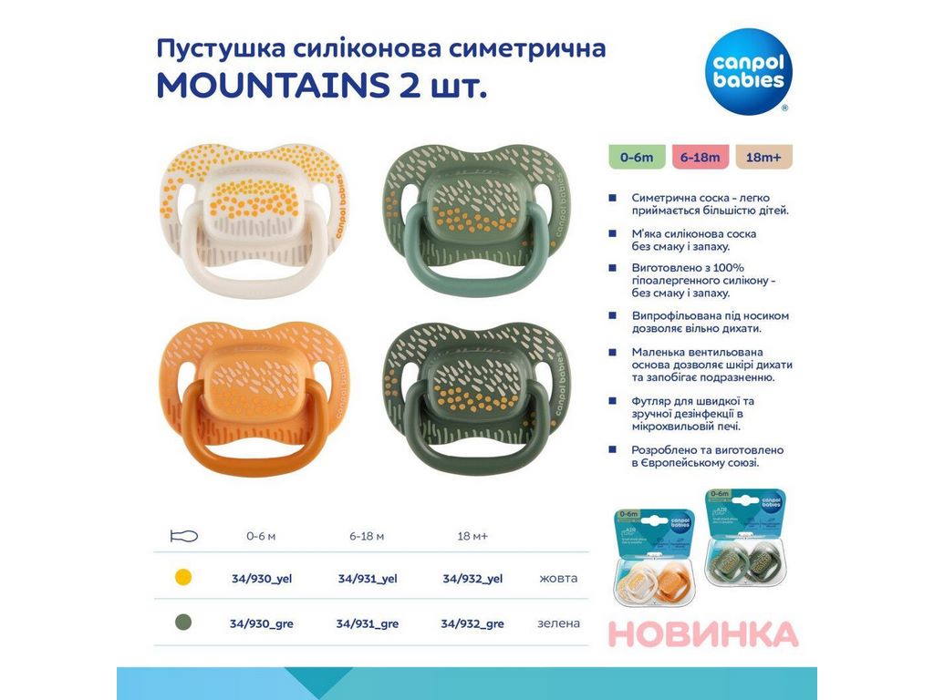 Пустышка силиконовая симметричная Mountains, 2 шт, 6-18 мес, 34/931_gre, Canpol Babies