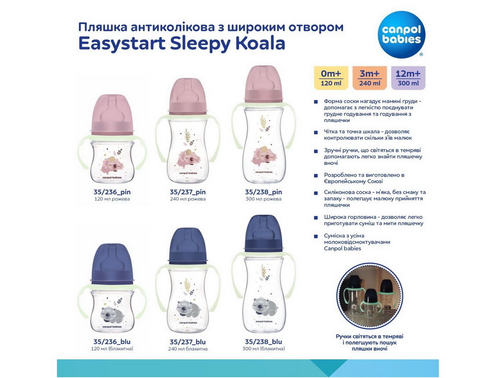 Бутылка антиколиковая с широким отверстием 120 мл Easystart Sleepy Koala - розовая. Canpol Babies 35