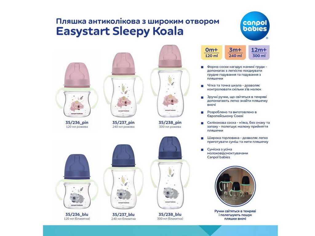 Бутылка антиколиковая с широким отверстием 240 мл Easystart Sleepy Koala - розовая. Canpol Babies 35