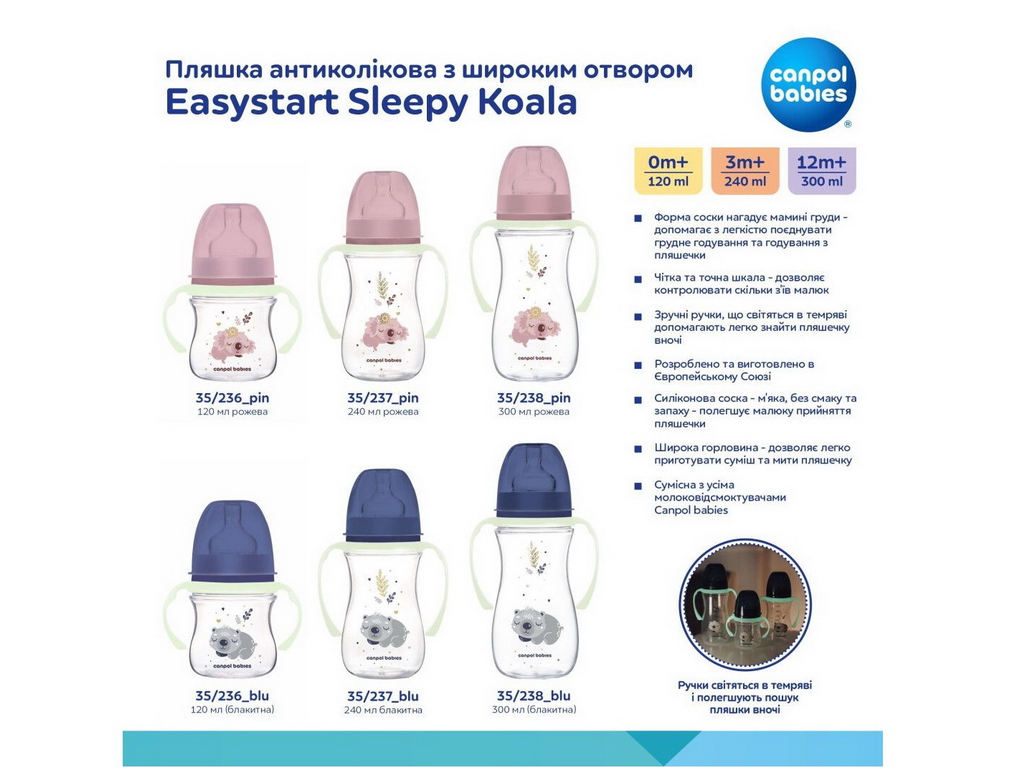 Бутылка антиколиковая с широким отверстием 300 мл Easystart Sleepy Koala - розовая. Canpol Babies 35