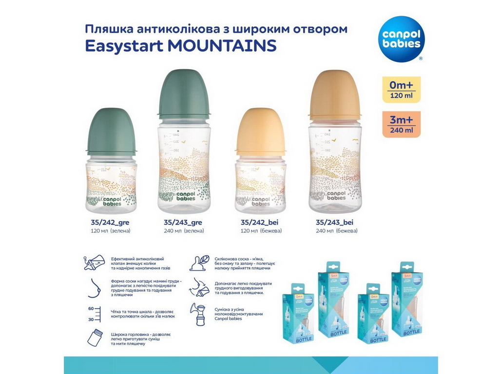 Бутылка антиколиковая с широким отверстием 120 мл Easystart MOUNTAINS – зеленая. Canpol Babies 35/24