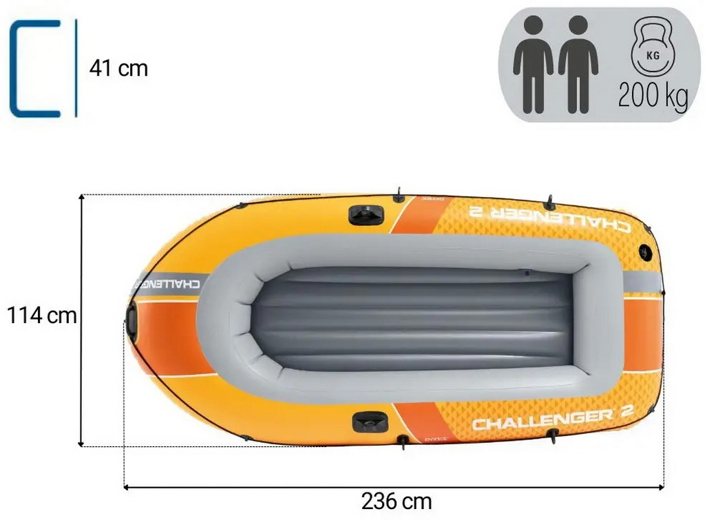 Лодка надувная двухместная 236x114x41 см, весла и насос в комплекте, 66312, Intex