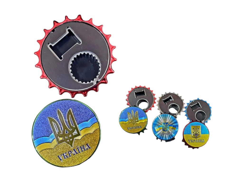 Магнит металлический Крышка с открывашкой и гербом Украины, 3 вида (цена за 1шт)